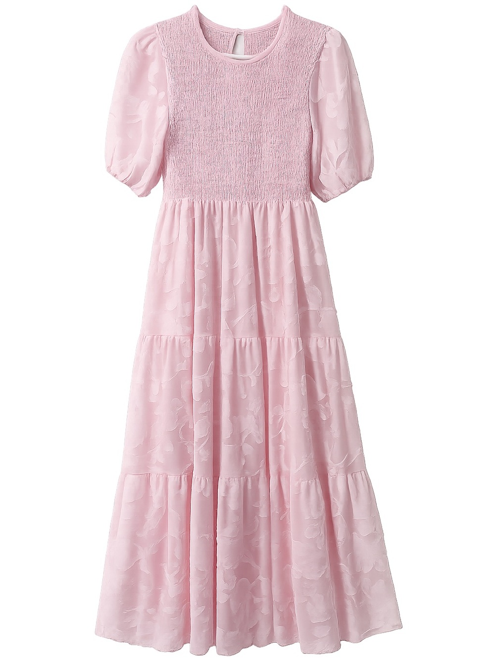 🌸 Pink Floral Textured Smocked Midi Dress